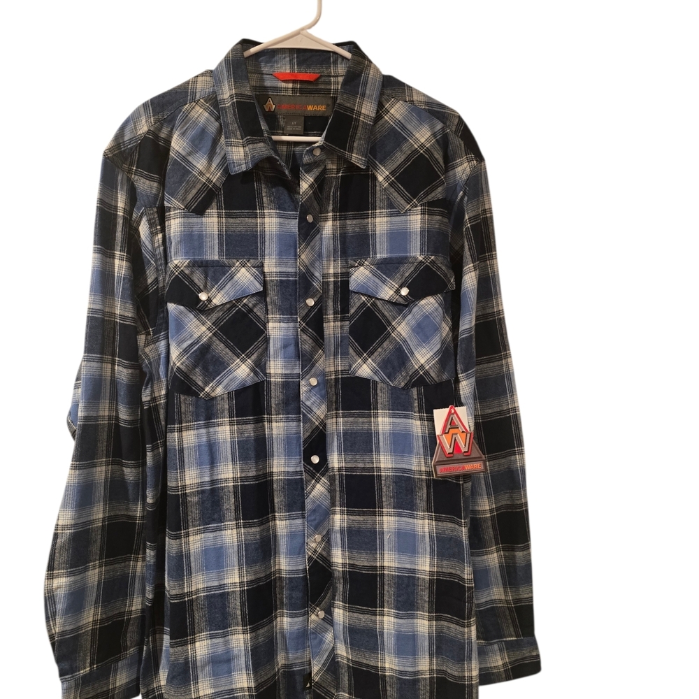 NWT America Ware Western Flannel Classic Blue Plaid Button-Down Shirt Sz LT - Picture 3 of 9
